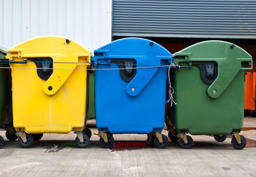 Crew of commercial waste removal team in high-visibility gear outside Paddington premises